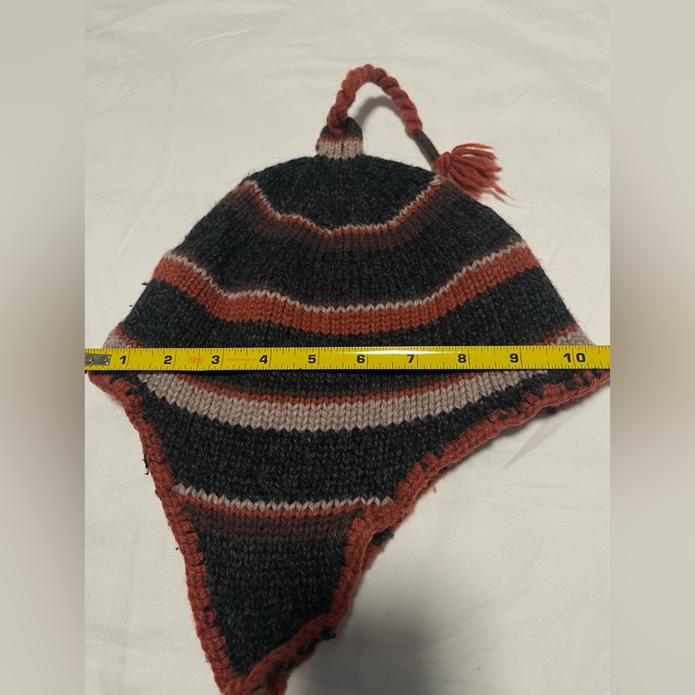 Black and Brown Wool Blend Cozy Striped knit Winter Hat with Earflaps OS - Picture 5 of 6